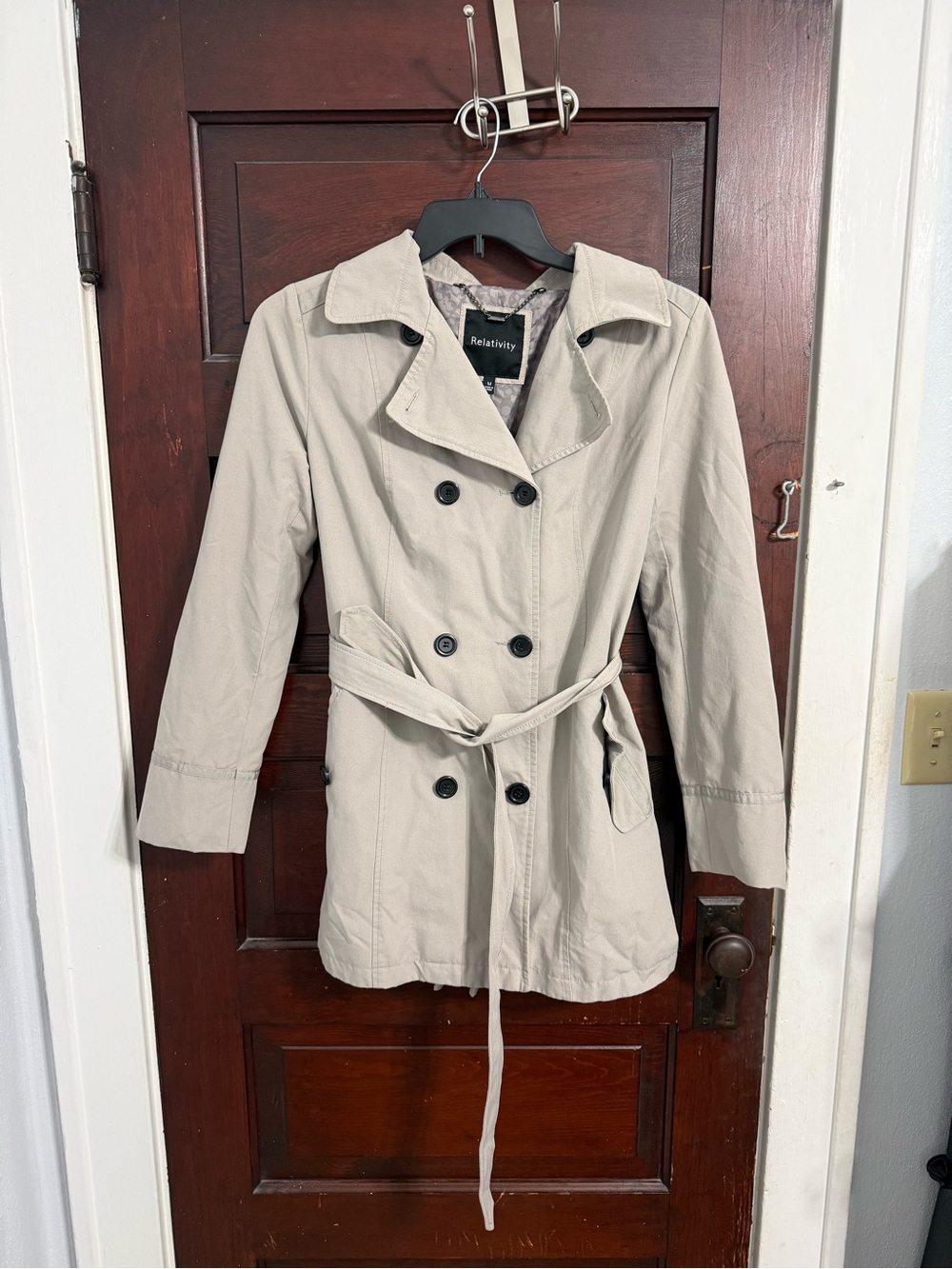 Relativity Lightweight Tan Double-Breasted Trench Coat with Belt